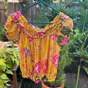 Free People One Boho Floral Ruffle Blouse, Size S